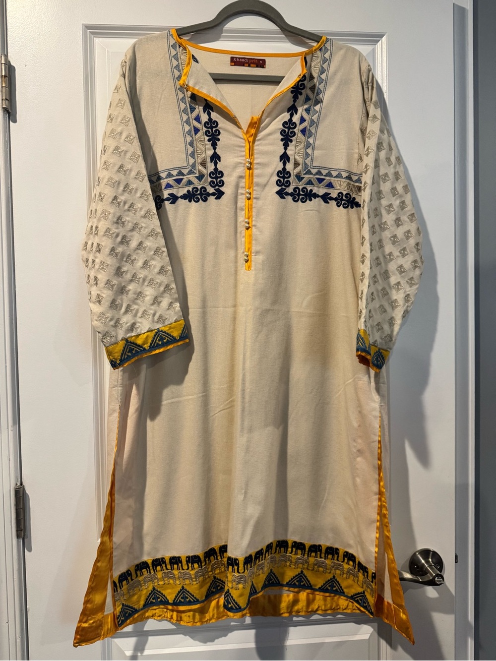 Embroidered Cream Tunic with Navy & Mustard Accents